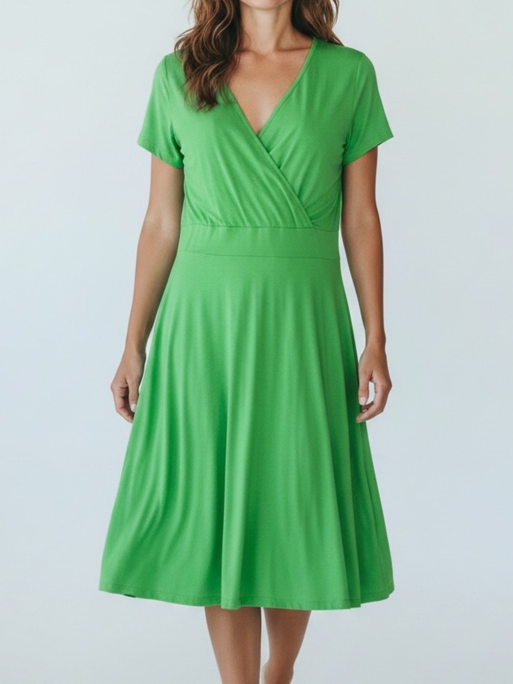 Fit Flare Midi Dress Bright Lime Green Faux Wrap Short Sleeve Stretch - MsBasic